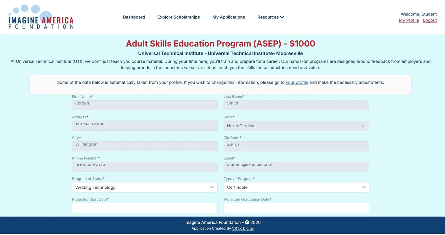 The application flow pulls profile data in automatically, so students only fill in what is new.