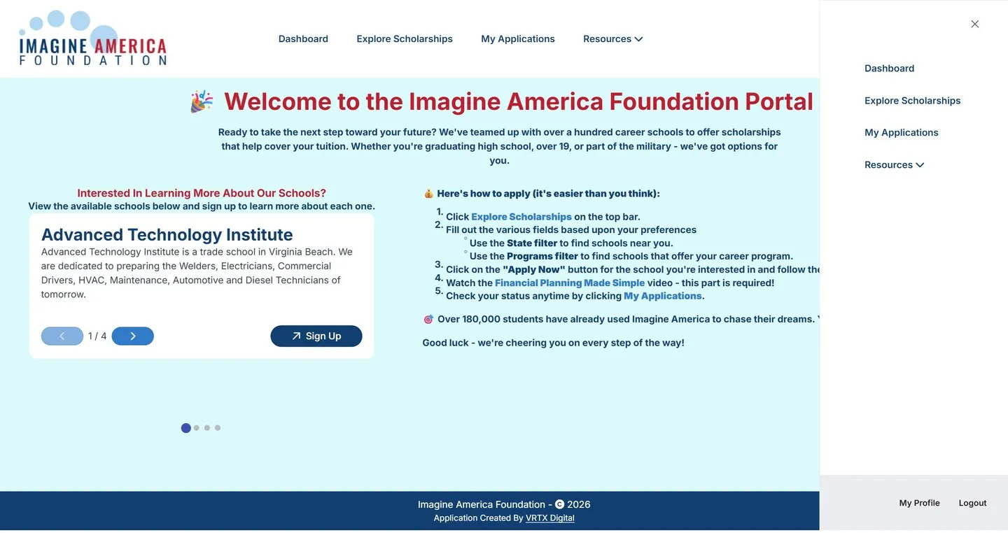 Inside the student portal: a guided path from exploring schools to submitting an application.
