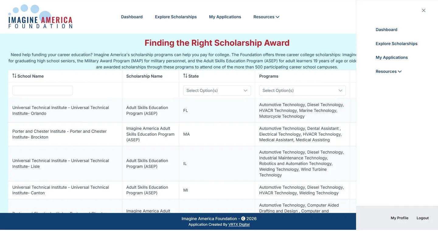 Students filter the 500+ participating campuses by state and program to find their scholarship.